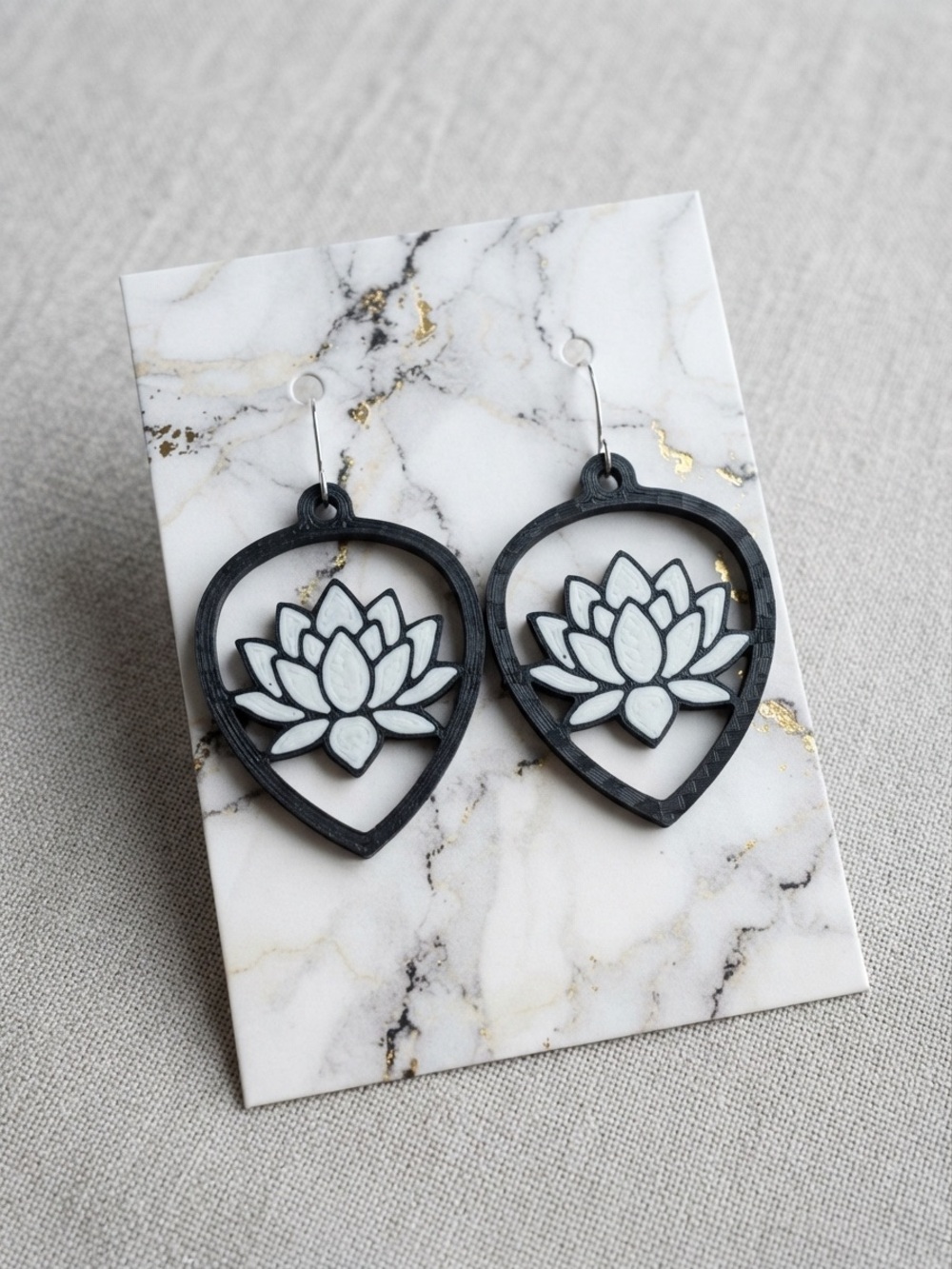 Handcrafted Black and White Lotus Drop Earrings - Women Jewelry